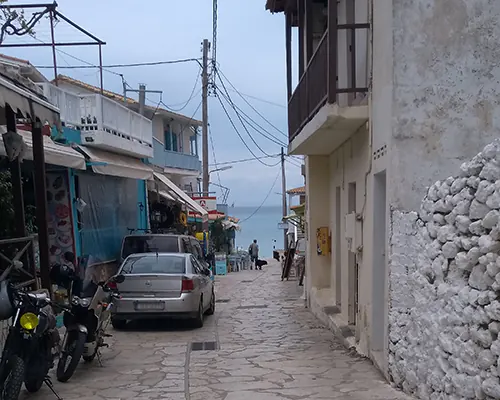 The pedestrian street through Agios Nikitas village, leading to the beach