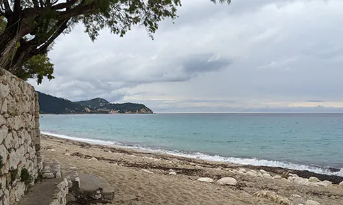 View of Agios Nikitas village from Pefkoulia Beach